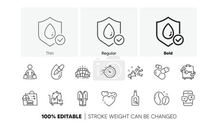Illustration for Luggage, Ole chant and Heart line icons. Pack of Capsule pill, Waterproof, Food delivery icon. Arena stadium, Alcohol free, Eye drops pictogram. Coffee beans, Phone survey, Fast delivery. Vector - Royalty Free Image
