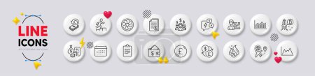 Ilustración de Iconos de línea de diagrama de calendario, billetera y dinero. Botones blancos 3d iconos. Paquete de préstamo caliente, ejecución del líder, icono del proyecto Bitcoin. Dinero en libras, venta de vuelos, pictograma Cashback. Vector - Imagen libre de derechos