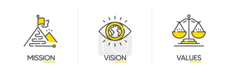 Mission, Vision und Werte des Unternehmens. Zielziel, globale Sicht und Skalierung von Symbolen. Erfolgsvorlage. Mission Ziel Flagge, Führer globale Vision und Kernwert. Infografisches Konzept. Vektor