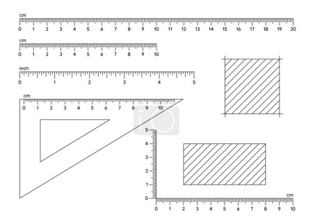 Illustration for Rulers inch and metric rulers. Measuring tool. Centimeters and inches measuring cm metrics indicator. Triangle ruler, square meter area. Measure distance tool in centimeters. Vector illustration - Royalty Free Image