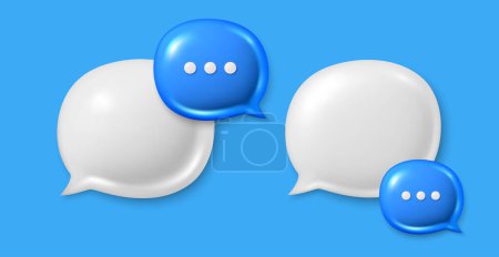 Illustration for Dialog 3d speech bubble icons. Chat comment icons set. Talk message box with ellipsis. Modern realistic 3d design. Support speech bubbles, chat message box. Social media dialog banner. Vector - Royalty Free Image