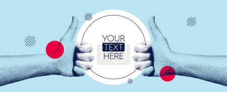 Illustration for Hands showing thumbs up gesture. Concept of human partnership with chat speech bubble. Design for banner, flyer, poster or blue brochure. Like hand in dotted grain style. Vector illustration - Royalty Free Image