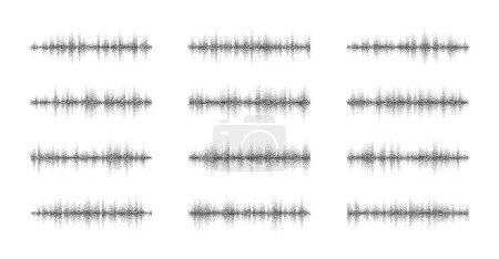 Ilustración de Conjunto de ondas de sonido musical. Tecnología de audio, pulso musical punteado. Moderno ecualizador de ondas sonoras. Música pista sonido onda diseño. Línea de frecuencia de audio, onda de sonido de voz de radio. Ilustración vectorial - Imagen libre de derechos
