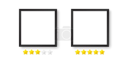 Illustration for Photo frames, realistic square black frame mockup. Empty framing for your design. Template for picture, painting, poster. Five stars review feedback. 3d square photo frame. Vector illustration - Royalty Free Image