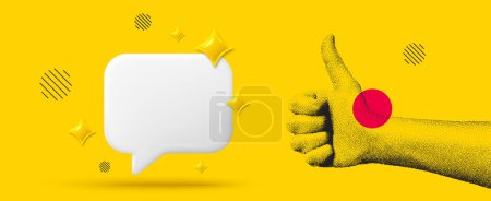 Illustration for Hand showing thumbs up gesture. Concept of human partnership with 3d chat speech bubble. Design for banner, flyer, poster or yellow brochure. Like hand in dotted grain style. Vector illustration - Royalty Free Image