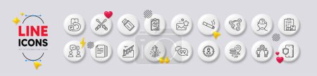 Illustration for Smoking, Copy documents and People voting line icons. White buttons 3d icons. Pack of Food delivery, Report, Psychology icon. Favorite mail, Quote bubble, Phone message pictogram. Vector - Royalty Free Image