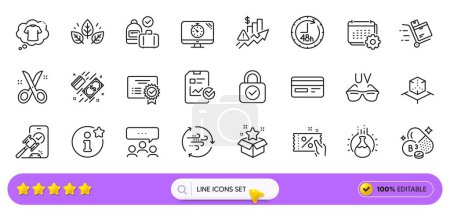 Illustration for Niacin vitamin, Carry-on baggage and Payment line icons for web app. Pack of Sunglasses, Meeting, Seo timer pictogram icons. Augmented reality, 48 hours, Scissors signs. Credit card. Vector - Royalty Free Image