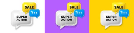 Illustration for Chat speech bubble 3d icons. Super action tag. Special offer price sign. Advertising discounts symbol. Super action chat text box. Speech bubble banner. Offer box balloon. Vector - Royalty Free Image