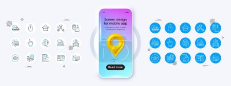 Phone mockup with 3d map pin icon. Online quiz, Car charging and Cut tax line icons. Pack of Truck transport, Engineering team, Cursor icon. Send box, Card, Technical info pictogram. Vector