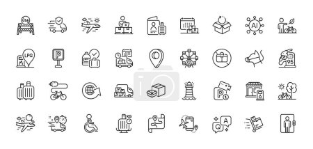 Illustration for Filling station, Delivery calendar and Parking line icons pack. AI, Question and Answer, Map pin icons. Lighthouse, Electric bike, Map web icon. Vector - Royalty Free Image