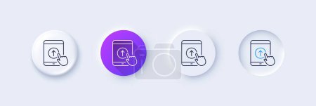 Illustration for Swipe up tablet pc line icon. Neumorphic, Purple gradient, 3d pin buttons. Scrolling arrow sign. Landing page scroll symbol. Line icons. Neumorphic buttons with outline signs. Vector - Royalty Free Image
