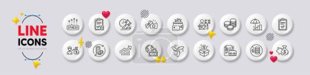 Illustration for Global business, Salary and Checklist line icons. White buttons 3d icons. Pack of Auction hammer, Stress grows, Loyalty gift icon. No cash, Post package, Piggy bank pictogram. Vector - Royalty Free Image