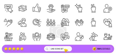 Illustration for Cyber attack, Dont touch and Fake information line icons for web app. Pack of Security, Pets care, Delivery man pictogram icons. Hold heart, Vision test, Communication signs. Search bar. Vector - Royalty Free Image