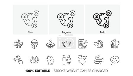 Illustration for Stress, Man love and Intestine line icons. Pack of Medical mask, Court judge, Medical tablet icon. Cyber attack, Seo target, Handshake pictogram. Smile, Search people, Heart. Restroom. Vector - Royalty Free Image
