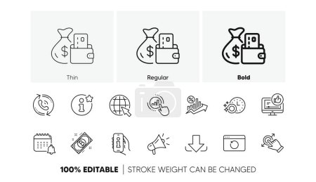 Illustration for Recovery internet, Calendar and Info app line icons. Pack of Megaphone, Loan percent, Info icon. Touchscreen gesture, Like video, Download pictogram. Dishwasher timer, Graph chart, Bitcoin. Vector - Royalty Free Image