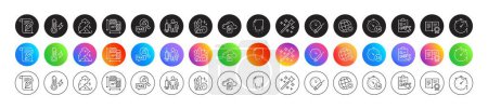 Illustration for Timer, Magic wand and World weather line icons. Round icon gradient buttons. Pack of Difficult stress, Recovery file, File storage icon. Feather, Checklist, Medical vaccination pictogram. Vector - Royalty Free Image
