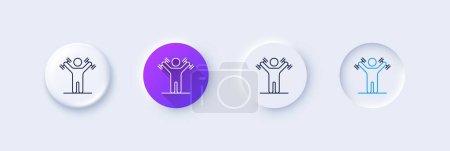 Illustration for Man with Dumbbells line icon. Neumorphic, Purple gradient, 3d pin buttons. Workout equipment sign. Gym fit symbol. Line icons. Neumorphic buttons with outline signs. Vector - Royalty Free Image