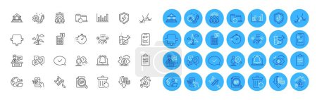 Deflation, Reminder and Calculator line icons pack. Check article, Recovery trash, Time management web icon. Approved message, Work home, Timer pictogram. Education, Paint roller, Group people. Vector