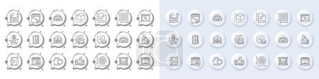 Sports stadium, Lighthouse and Open door line icons. White pin 3d buttons, chat bubbles icons. Pack of Skyscraper buildings, Lounge place, Arena stadium icon. Vector