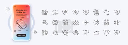Illustration for Update relationships, Say yes and Heart line icons for web app. Phone mockup gradient screen. Pack of My love, Romantic dinner, Man love pictogram icons. Heart beat, Genders, Friendship signs. Vector - Royalty Free Image