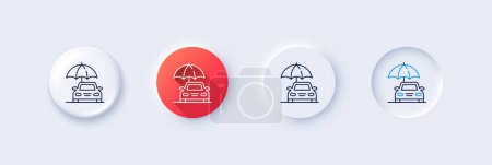 Illustration for Car insurance line icon. Neumorphic, Red gradient, 3d pin buttons. Risk management sign. Vehicle with umbrella symbol. Line icons. Neumorphic buttons with outline signs. Vector - Royalty Free Image