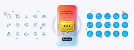 Illustration for Phone mockup with 3d chat icon. Inclusion, Sun protection and Work home line icons. Pack of Shirt, Quiz test, Gingerbread man icon. Vinyl record, Hearing, Grilled steak pictogram. Vector - Royalty Free Image