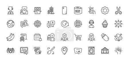 Illustration for Sausage, Winner cup and World insurance line icons pack. AI, Question and Answer, Map pin icons. Recovery gear, Music phone, Cake web icon. Yummy smile, Calendar, Like photo pictogram. Vector - Royalty Free Image