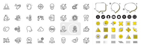 Set of Stop stress, Skin care and Wash hands line icons for web app. Design elements, Social media icons. Vitamin e, Riboflavin vitamin, Thermometer icons. Vector