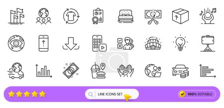 Illustration for Opinion, Delivery service and Inspect line icons for web app. Pack of Arena stadium, Fast food, Outsource work pictogram icons. Download, Selfie stick, Noise signs. Energy, Package. Search bar. Vector - Royalty Free Image