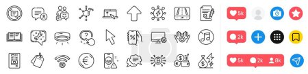Discounts app, Upload and Bitcoin system line icons pack. Social media icons. Swipe up, Cursor, Currency rate web icon. Cyber attack, Spanner, Question button pictogram. Vector