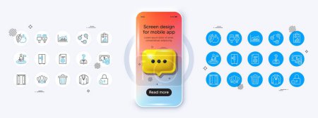 Illustration for Phone mockup with 3d chat icon. Leadership, Infographic graph and Suit line icons. Pack of Apple, Refrigerator, Trash bin icon. Vector - Royalty Free Image