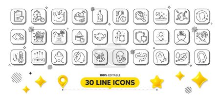 Illustration for Bike timer, Low thermometer and Sun protection line icons pack. 3d design elements. Medical mask, World vaccination, Vision test web icon. Cough, Salad, Alcohol free pictogram. Vector - Royalty Free Image
