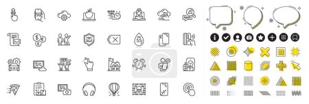 Illustration for Set of Swipe up, Quick tips and Money currency line icons for web app. Design elements, Social media icons. Headphones, Smartphone, Binary code icons. Vector - Royalty Free Image