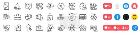Illustration for Instruction manual, Dao and Spanner line icons pack. Social media icons. Login, House security, Dishwasher timer web icon. Best laptop, Home insurance, Portfolio pictogram. Vector - Royalty Free Image
