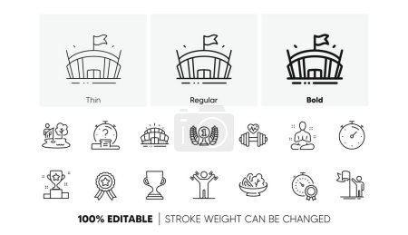 Illustration for Salad, Arena and Laureate award line icons. Pack of Winner ribbon, Arena stadium, Winner cup icon. Leadership, Yoga, Dumbbells workout pictogram. Timer, Award cup, Best result. Line icons. Vector - Royalty Free Image
