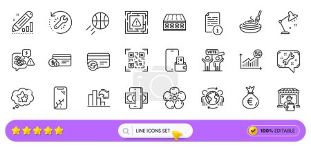 Stress, Qr code and Decreasing graph line icons for web app. Pack of Natural linen, Manual, Pasta dish pictogram icons. Table lamp, Spanner, Ranking stars signs. Change card, Mattress. Vector