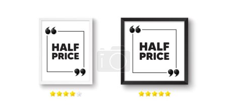 Illustration for Picture frame with 3d quotation icon. Half Price tag. Special offer Sale sign. Advertising Discounts symbol. Half price chat message. Photo frame wall. 3d comma quotes. Vector - Royalty Free Image
