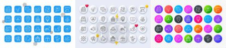 Smile face, Puzzle and Gift dream line icons. Square, Gradient, Pin 3d buttons. AI, QA and map pin icons. Pack of Circus tent, Air balloon, Fireworks icon. Vector
