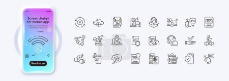 Recovery ssd, Seo shopping and Filling station line icons for web app. Phone mockup gradient screen. Pack of Internet pay, Dermatologically tested, Communication pictogram icons. Vector