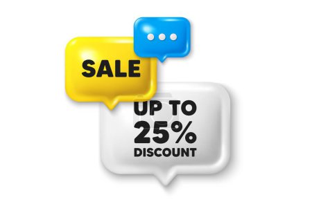Illustration for Discount speech bubble offer 3d icon. Up to 25 percent discount tag. Sale offer price sign. Special offer symbol. Save 25 percentages. Discount tag discount offer. Speech bubble sale banner. Vector - Royalty Free Image
