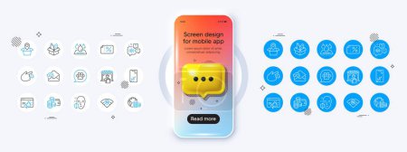 Phone mockup with 3d chat icon. Food donation, Seo marketing and Wallet line icons. Pack of Face protection, Discount banner, 5g wifi icon. Package location, Send mail, Budget pictogram. Vector