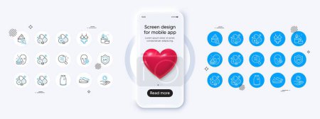 Phone mockup with 3d heart icon. Face cream, Folate vitamin and Uv protection line icons. Pack of Vitamin h, Skin condition, T-shirt icon. Shoes, Problem skin, Sun protection pictogram. Vector