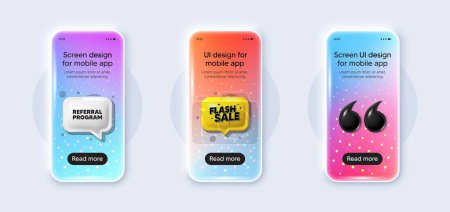 Illustration for Phone 3d mockup gradient screen. Referral program tag. Refer a friend sign. Advertising reference symbol. Referral program phone mockup message. Flash sale chat speech bubble. Vector - Royalty Free Image