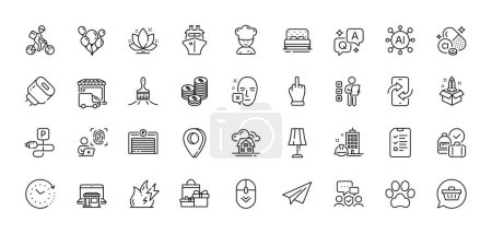 Delivery truck, Balloons and Marketplace line icons pack. AI, Question and Answer, Map pin icons. Shopping cart, Brush, Fire energy web icon. Security agency, Interview, Time change pictogram. Vector
