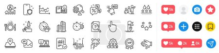 Stars, Checked calculation and Dog competition line icons pack. Social media icons. Vip award, Smile, Innovation web icon. Food, Bumper cars, Hand click pictogram. Vector