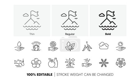 Mountain flag, Fishing and Wind energy line icons. Pack of Apple, Snowflake, Greenhouse icon. Windmill, Natural linen, Water care pictogram. Cloudy weather, Maggots, Safe planet. Line icons. Vector