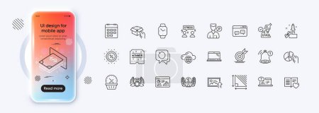 Atm money, Recovery data and Smartwatch line icons for web app. Phone mockup gradient screen. Pack of Love book, Calendar, Innovation pictogram icons. Vector