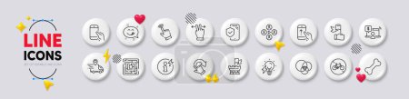 Illustration for Power info, Dog bone and Bicycle prohibited line icons. White buttons 3d icons. Pack of Leadership, Maze, Electricity bulb icon. Touchscreen gesture, Euler diagram, Cursor pictogram. Vector - Royalty Free Image