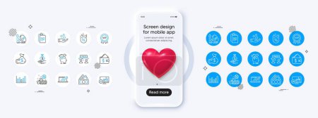 Phone mockup with 3d heart icon. Loan percent, Income money and Sales diagram line icons. Pack of Stress, Donation money, Column chart icon. Excise duty, Vip award, Difficult stress pictogram. Vector