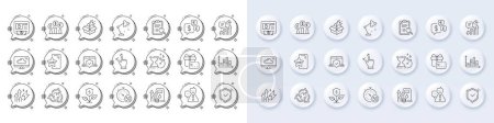 Energy inflation, Vip phone and Eco power line icons. White pin 3d buttons, chat bubbles icons. Pack of Recycle, Hourglass timer, Table lamp icon. Cloud storage, Kpi, Megaphone box pictogram. Vector